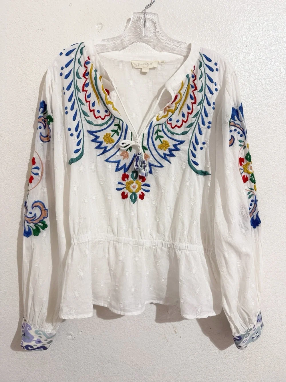 Anthropologie Forever That Girl Embroidered Peplum Blouse in White
